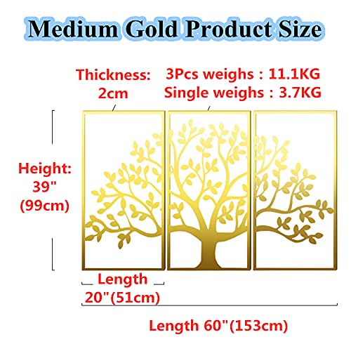 Golden Metal Wall Art, Tree Of Life 3 Pieces, Metal Tree Wall Decor, Wrought Iron Wall Sculpture, Interior Home Decoration, 3 Panels Wall Hangings,60"X39" (153X99Cm) #TOP1