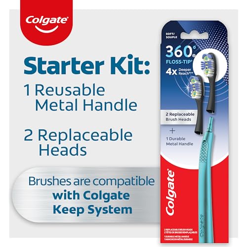 Colgate 360 Floss Tip Replaceable Head Toothbrush Starter Kit, 2 Brush Heads and Metal Handle - image 4