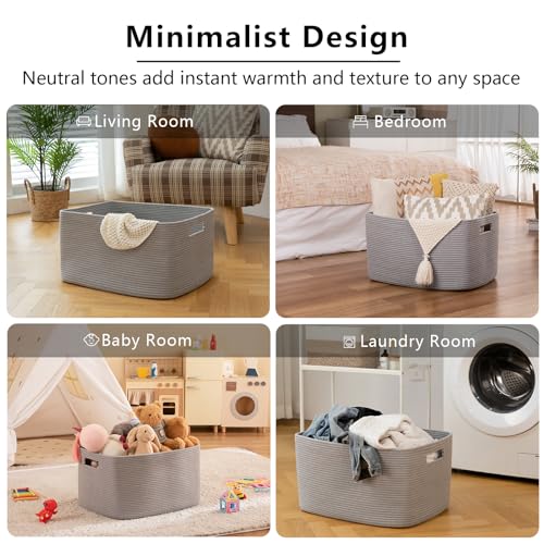 Image of OIAHOMY XXLarge Rectangle Blanket Basket-96L, Cotton Woven Basket for Storage, Dirty Clothes Basket for Living Room, Nursery, Bedroom, Toy Organizing with Handle, 24 inch x 16 inch x 15 inch, Grey