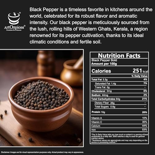 Image of ArtOspices Whole Black Pepper (Kali Mirch) 80g | Idukki Spices | Bold Black Peppercorns | Fresh Aromatic -Kerala | 100% Natural Sun-Dried | Premium Glass Jar