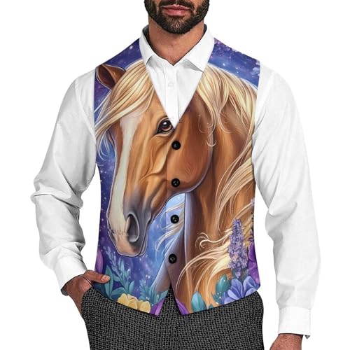 Brown Horse with Long Blonde Mane Trendy Vest Suit for Men V Neck Formal Dress Waistcoat Vests Business Slim Fit