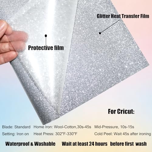 Image of Silver Glitter Heat Transfer Vinyl Roll Silver Htv 12 Inch x 5 Feet Iron on Vinyl for Cricut, T-Shirts DIY Design Totes and Bags, Easy to Cut & Weed for Silhouette Cameo, Heat Press Machine
