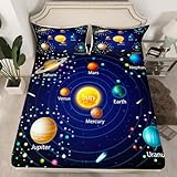 Kids Outer Space Fitted Sheet, Boys Starry Sky Galaxy Bed Sheet Twin Size Planet Space Bedding Set for Girls Teens Adult Bedroom Decor, Solar System Cosmos Fitted Bed Sheets, Blue Purple(No Top Sheet)