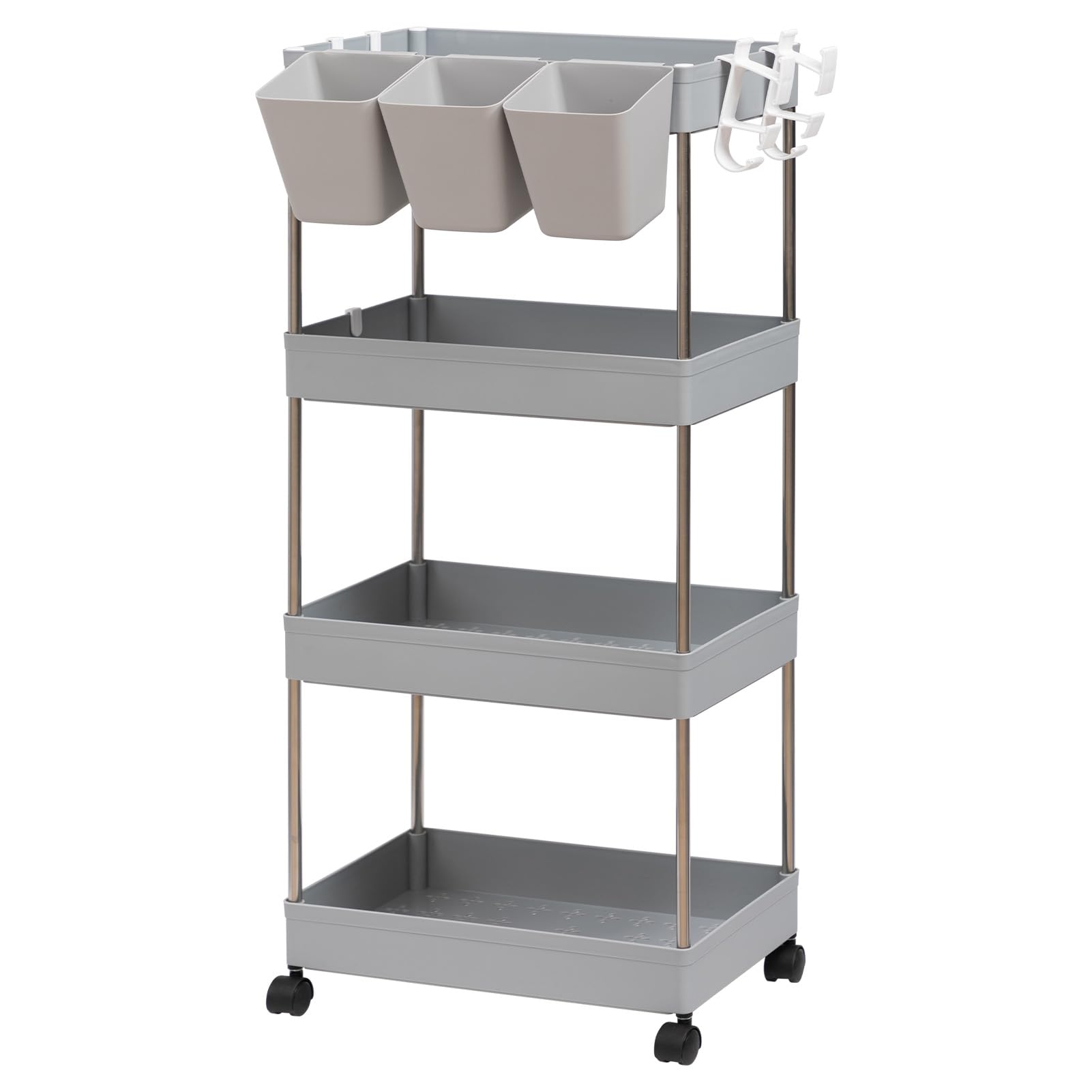 DOEWORKS Carrelli Portaoggetti con Tazze Appese Carrello Cucina a 4 Ripiani, Organizer Carrello Scaffale con Ruote per Cucina Bagno Ufficio, Grigio