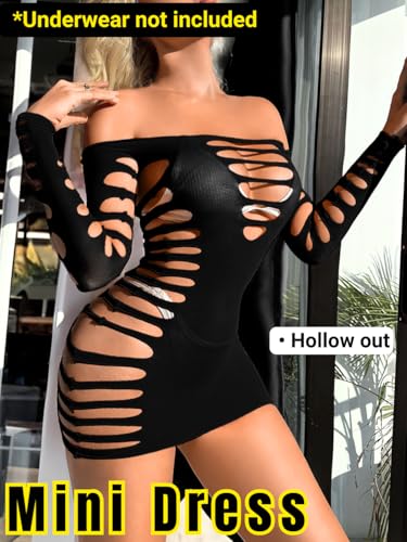 Image of Kaei&Shi Sexy Club Outfits for Women,Mesh Cutout Mini Dress,Off Shoulder Birthday Bodycon Dresses