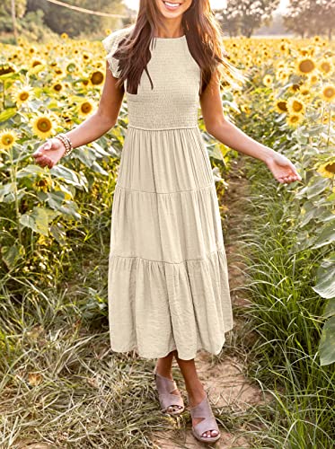Merokeety Women's Flutter Short Sleeve Smocked Midi Dress Summer Casual Tiered A-Line Dress,Beige,S #TOP1