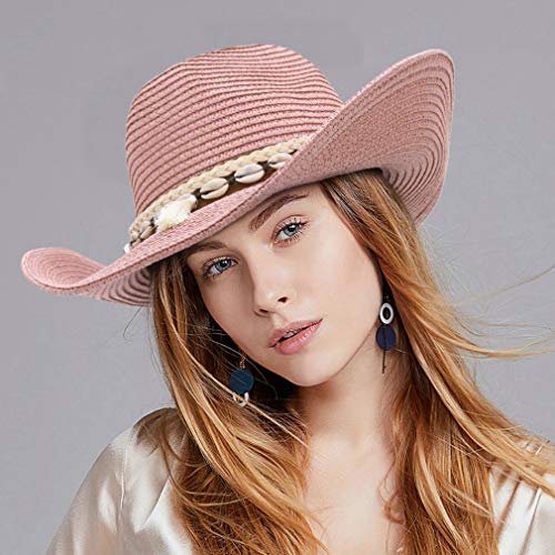 Eozy Women Men’s Cowboy Hat Western Summer Straw Hat For Girls With Wide Brim & Shell Tassels Trendy Lady Beach Sun Hats Pink #TOP6