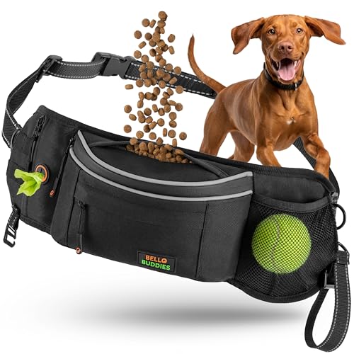 Bello Buddies ® Leckerlitasche für Hunde I Bauchtasche mit Schnellzugriff inkl. wechselbarer Innentasche & Leinenhalter I Futterbeutel Hundetraining I Gassi Tasche Hund I Futterbeutel Hund Schwarz
