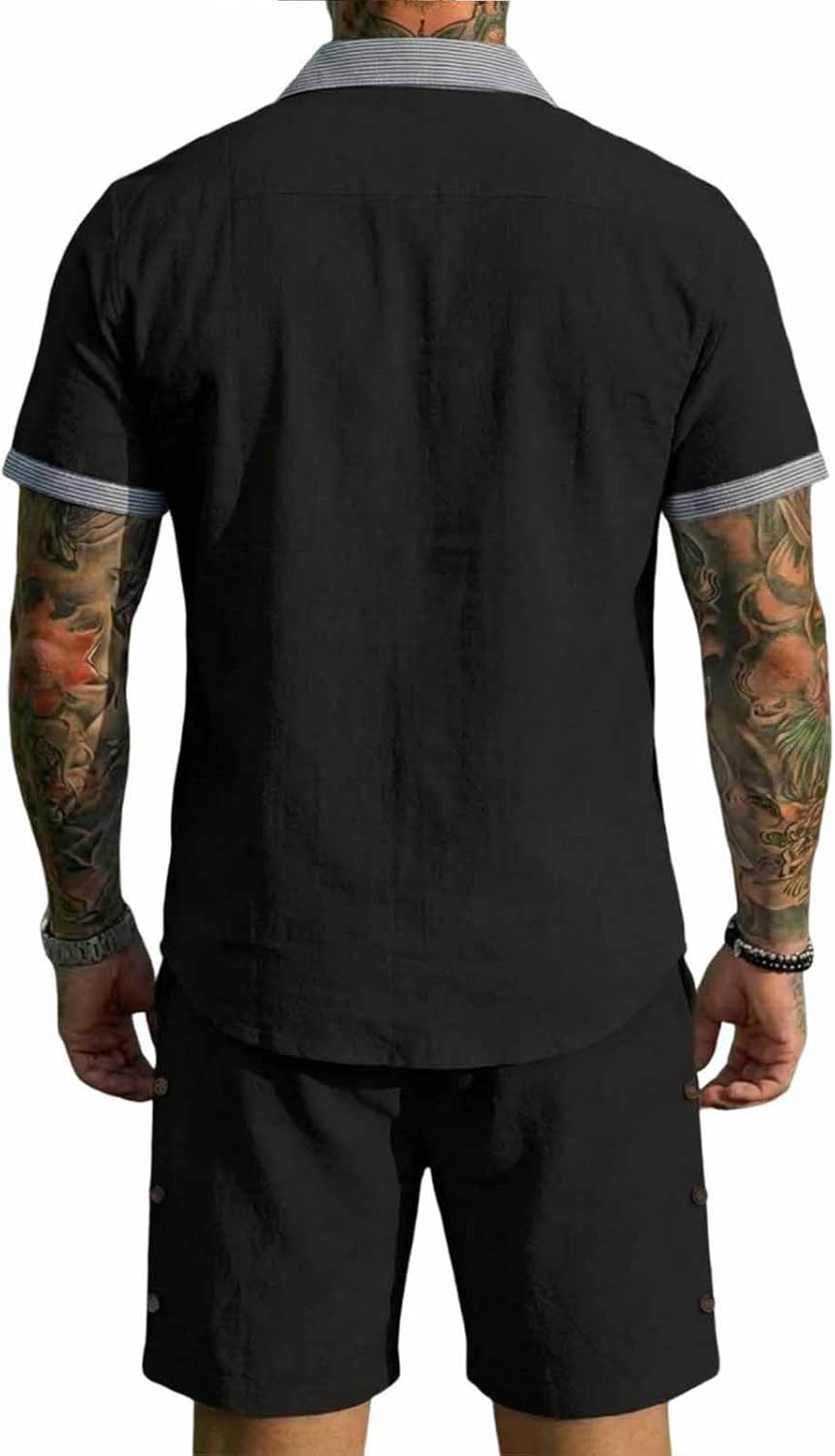 Cambkatl Men's Summer Linen 2 Piece Outfits, Short Sleeve Button Down Shirt and Shorts Business Casual Sets with Pockets