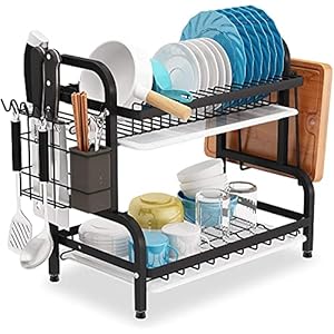 COVAODQ Vaatwasserrek, 2-verdiepingen, compact afdruiprek voor de keuken, groot roestvrij afdruiprek met gebruiksvoorwerpenhouder (zwart)