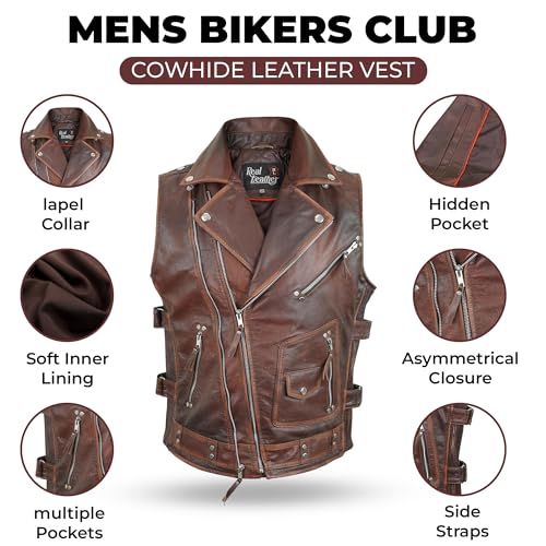 Image of Motorcycle Leather Vest For Men - Tactical Combat Military Style Sleeveless Biker Club Riding Outdoor Waistcoats