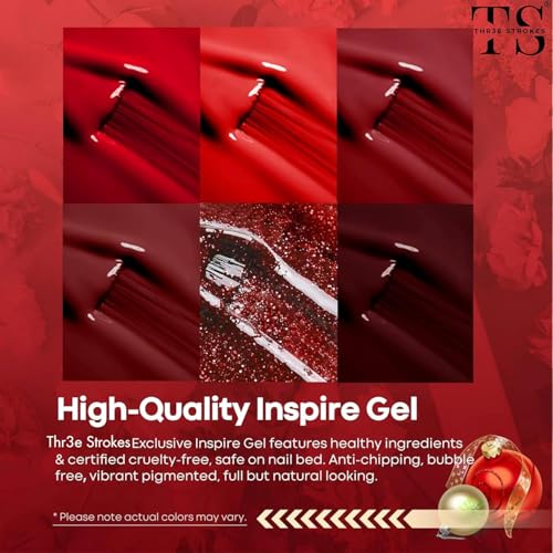 Image of THR3E STROKES Gel Nail Polish Set - 6 Colors Gel Polish Glitter Burgundy Sparkle Bloody Red Nail Polish Gel Manicure DIY Salon Nail Art Gifts (ROJA RED 888), 7.5 ml, Glossy Finish