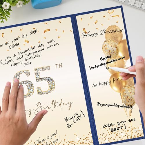 Image of DARUNAXY Blue Gold 65th Birthday Party Decorations, Blue Happy 65th Birthday Alternative Signature Guest Book for Men Women Cheers to 65 Years Old Gifts 65 Birthday Signing Card Board Party Supplies