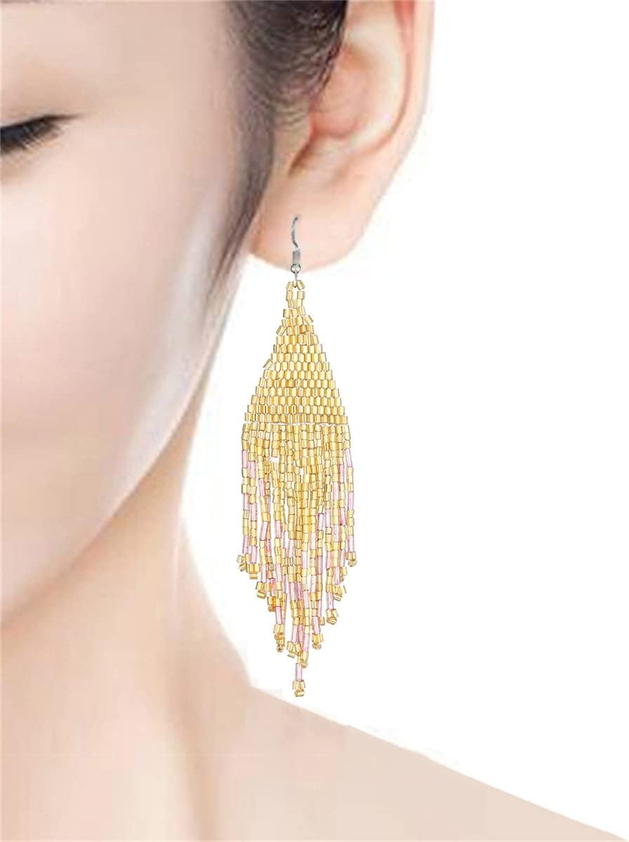 Color Boho Rice Beads Tassel Earrings.Multicolor Long Beaded Dangle Earrings Handmade Woven Drop Earrings Jewelry Gifts for Women - Image 5