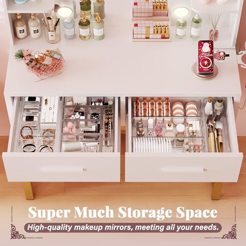 Image of Furmax Vanity Desk with Mirror and Light Bulb, Small Makeup Vanity Table with Drawers, Dressing Table with Power Outlet and Hair Dryer Holder for Bedroom (White & Gold)