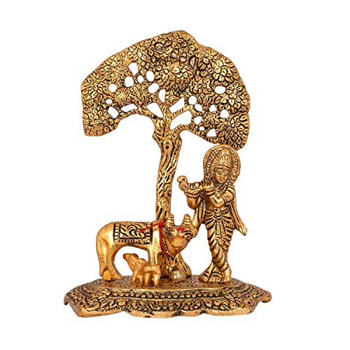 Image of Lavanaya Silver -Metal Krishna Playing Flute Idols Statue Murti with Kamdhenu Cow Standing Under Tree - Gold Plated Krishna Idol Showpiece for Home Office Temple Decorkrishna with Cow