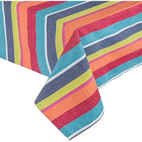 HOMESCAPES Multi Stripe Cotton Tablecloth, 4-6 Seater Cover
