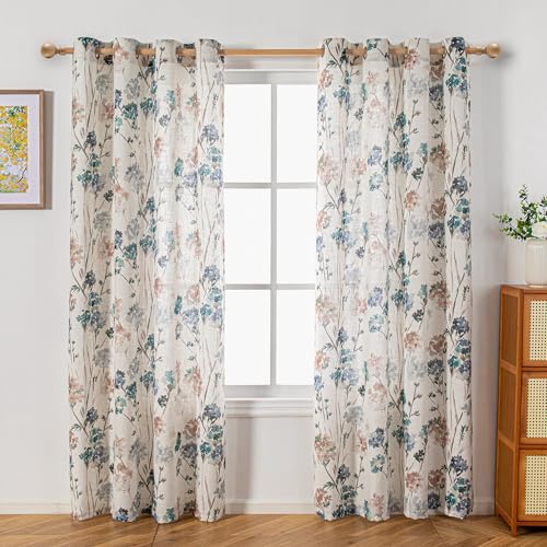 Image of MYSKY HOME Floral Curtains for Living Room Linen Look Semi Sheer Vertical Light Filtering Privacy Drapes Decor Farmhouse Style Texture for Bedroom Dining Room, Brown, W52 x L84, Pack-2