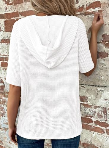 Image of Dokotoo Womens Summer Tops Waffle Knit Short Sleeve Lightweight Drawstring Hoodies Button V Neck Casual Blouses Shirts