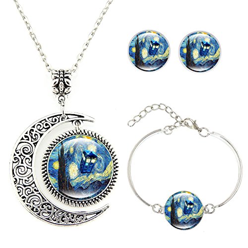 Moon Pendant Tardis Starry Night Necklace Van Gogh Jewelry Personalized Necklace Bracelet Earrings Jewelry Set