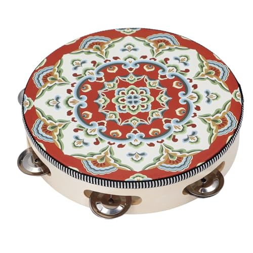 Tambor de Percussão de Sino de Pandeiro de Madeira de 8 Polegadas Com Design de Flores, Sino de Meta