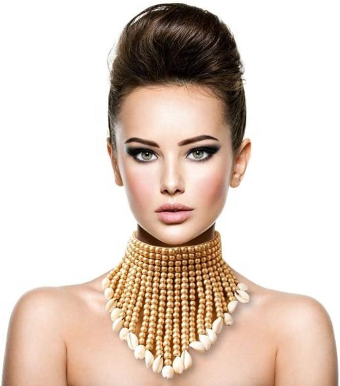 Wooden Beaded Seed Bib Necklace and Earrings Set for Women,Statement African Boho Layering Chunky Collar Choker Set - Image 2