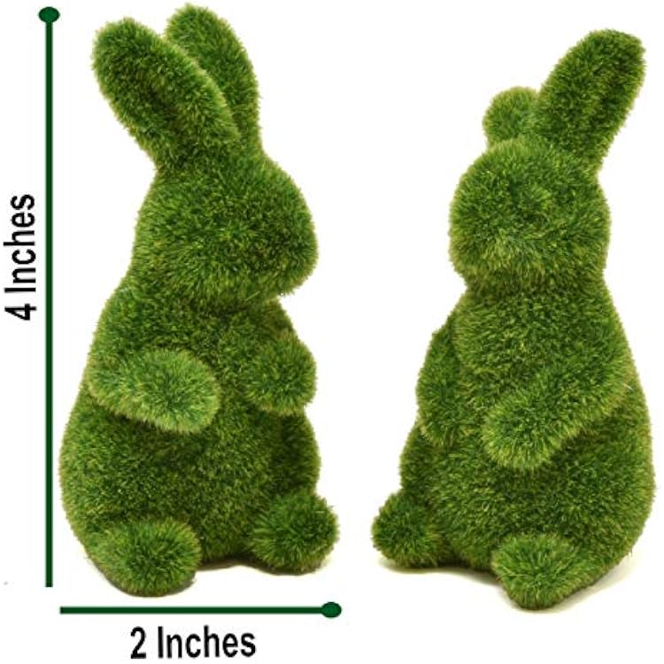 Gift Boutique 4 Green Fuzzy Flocked Bunny Easter Holiday Spring Decor Rabbit Figurines Garden Artificial Animal Moss for Indoor Table Home, Kitchen, Shelf Decorations Furry Covered Rabbits