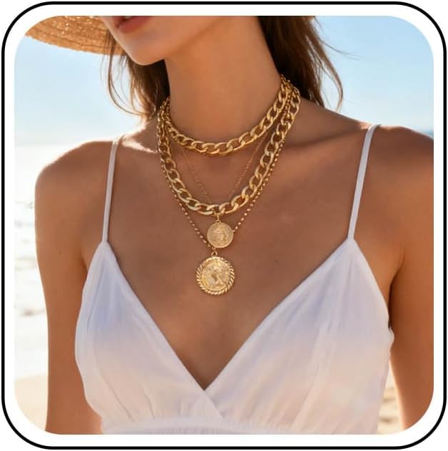 Punk Chunky Chain Necklace Exaggerated Layered Cuban Link Chain Necklace Multilayer Carved Coin Pendant Necklaces Thick Choker Jewelry for Women (Gold)