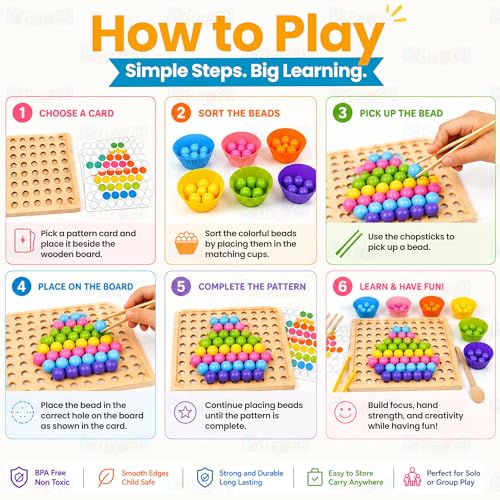Image of Kidology Wooden Color Sorting Bead Toy | Color Matching, Sorting, and Counting Board Puzzle with 77 Colorful Beads, Cups, and Pattern Cards Toy for Babies and Toddlers
