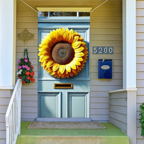 Image of Giant Sunflower Door Cover 35x71in Summer Bloom Blue