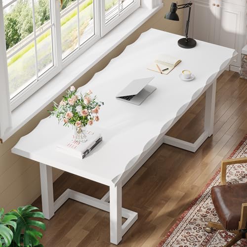 Image of Tribesigns 63 Inches Computer Desk, Rectangular Writing Table with Solid Wood Legs and Thickened Desktop for Work Study, Modern Simple Executive Desk Workstation for Home Office (White)