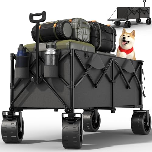 JUMMICO Bollerwagen Faltbar 332L mit Verstellbarer Heckklappe 200 KG Belastbar, Faltbarer Bollerwagen mit 360°-Schwenkbare All-Terrain-Räder & Bremsen für Strand Wanderung Camping Einkauf,Grau