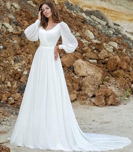 Women's Chiffon Long Sleeves Wedding Dress for Bride Lace A Line Floor Lenght Beach Bridal Dress for Women3