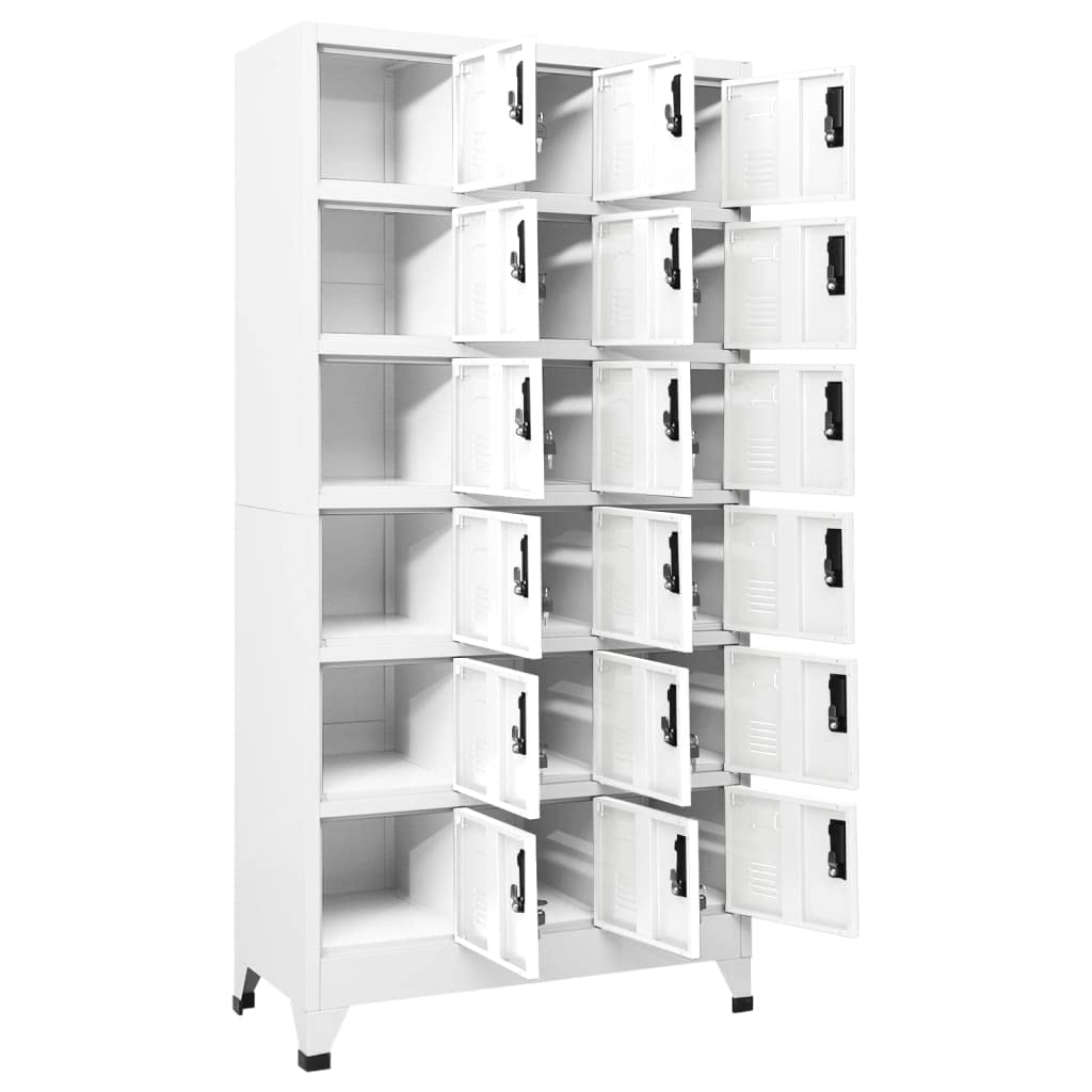 Armadietto bianco in acciaio, 90 x 40 x 180 cm, con 18 scomparti chiudibili, fessure di ventilazione, porta targhette, ideale come armadio per ufficio, scuola, magazzino e archiviazione