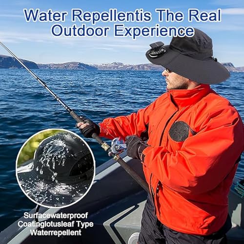 Image of Solar Fan Hat,Wide Brim Solar Fan Outdoor Fishing Hat,Mens Sun Hat with 2 Fan, Waterproof Outdoor Hiking Camping Fishing Hat(Grey)