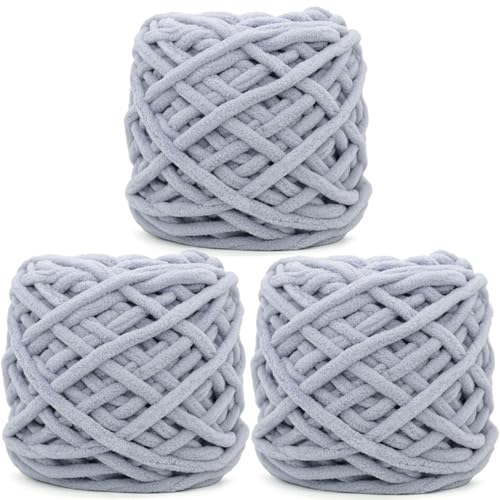 Chunky Chenille Yarn for Crocheting,Light Grey Fluffy Velvet Plush Thick Soft Chunky Chenille Baby Blanket Yarn for Crocheting Knitting Beginners 3 * 100g(Light Grey)