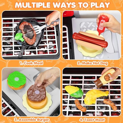 Kids Play Kitchen Toys, Kids BBQ Grill Playset with Smoke Sound Light, 2-Layer Barbecue Toy with Wheels, Outdoor Play Food Toys Cooking Set for Toddlers 3-5, Birthday for Boys Girls - Image 5