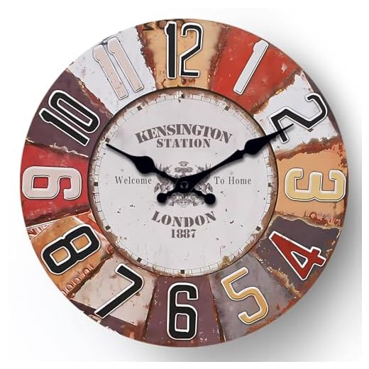 12 Inch Wall Clock Vintage Wall Clock, Kensington Station London Design, 1887 Welcome to Home Theme, Rustic Red and Brown