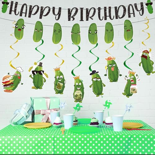 Image of Pickle Birthday Party Decorations - 10PCS Funny Pickle Party Decorations Happy Birthday Banner Hanging Swirls Cartoon Cucumber Dill Party Decor Fruit Vegetable Theme Party Supplies