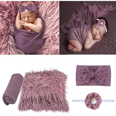 SPOKKI 4 Pcs Newborn Photography Props Outfits- Baby Long Ripple Wrap and Toddler Swaddle Blankets Photography Mat with Cute Headbands for Infant Boys Girls(0-12 Months) (Purple) Cover