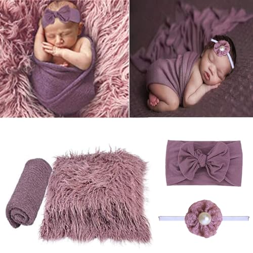 Image of SPOKKI 4 Pcs Newborn Photography Props Outfits- Baby Long Ripple Wrap and Toddler Swaddle Blankets Photography Mat with Cute Headbands for Infant Boys Girls