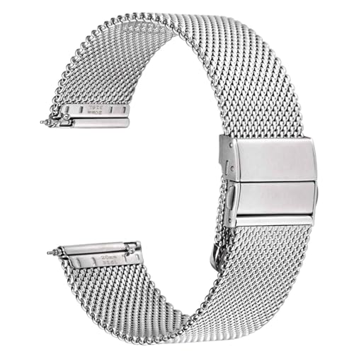 WOCCI 22mm Mesh Gewebt Uhrenarmband aus Metall für Damen und Herren, 316L Edelstahl, Schnellverschluss, Verbesserte Faltschließe (Silber)