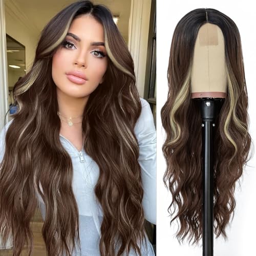 NAYOO Long Brown Mixed Blonde Wavy Wig for Women 26 Inch Middle Part Curly Wavy Wig Natural Looking Synthetic Heat Resistant Fiber Wig for Daily Party Use (Brown Mixed Blonde)