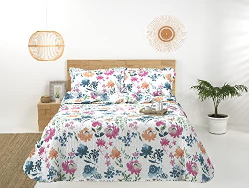 Colcha Cama 90 cm Moderna (180x270 + 1 Funda cojín) Verano Cosida Reversible Floral Cover
