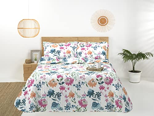 Colcha Cama 150 cm Moderna (250x270 + 2 Fundas cojín) Verano Cosida Reversible Floral