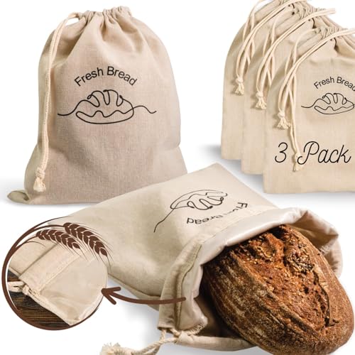 3-Pack Linen Bread Bags for Homemade Bread – Reusable Bread Storage Bags with Inner Lining – 12″x15″ Sourdough Bread Bags – Eco-Friendly Baking Supplies & Gifts for Home Bakers by Simply H&K