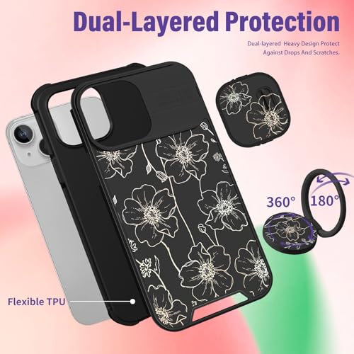 Image of Funermei for iPhone 13 /for iPhone 14 Case - Women Girls Cute Phone Cover Girly Pretty Aesthetic Black Floral Flower Unique Design with Camera Cover Funda for Apple for iPhone 13 /for iPhone 14