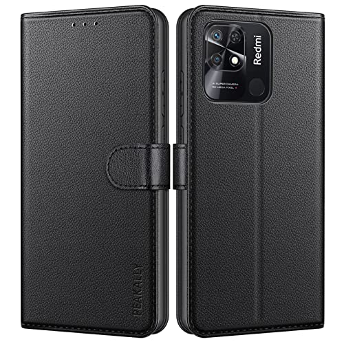 Peakally Funda Xiaomi Redmi 10C, Premium Piel Carcasa Xiaomi Redmi 10C Funda Libro Suave Case Tapa Cuero [Soporte Móvil] [Ranuras para Tarjetas] -Negro