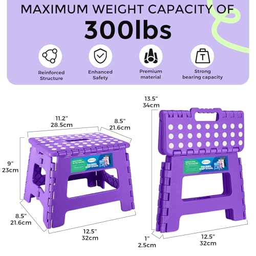 Image of Dyforce Folding Step Stool 9 inch, Kids Step Stool, Heavy Duty Step Stools for Adults, Compact Foot Stools, Light-Weight Toddler Step Stools for Kitchen, Bathroom, Holds Up to 300 lbs (Purple)