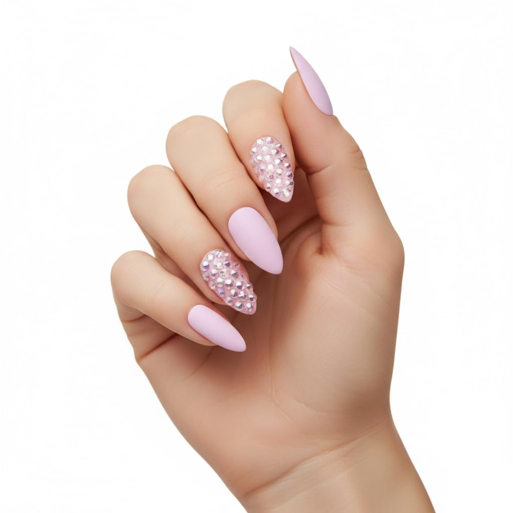 Matte Pink 3D Crystal Design Press On Nails - Long Almond Stiletto Fake Nails with Rhinestones and Nail Glue, Reusable Nail Tips - Glue On Nails 24 Nail Kit, Bubblegum Sugar